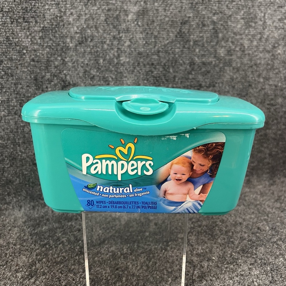Vtg Pampers Natural Aloe 80 Ct Baby L Wipes Green Reusable Plastic Container
